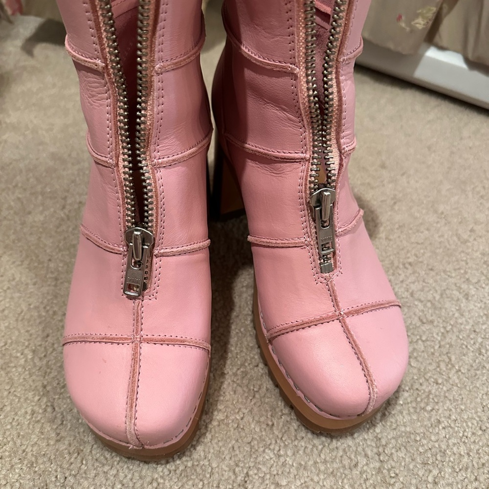 Swedish Hasbeens Pink Heeled Boots with Quilted Design